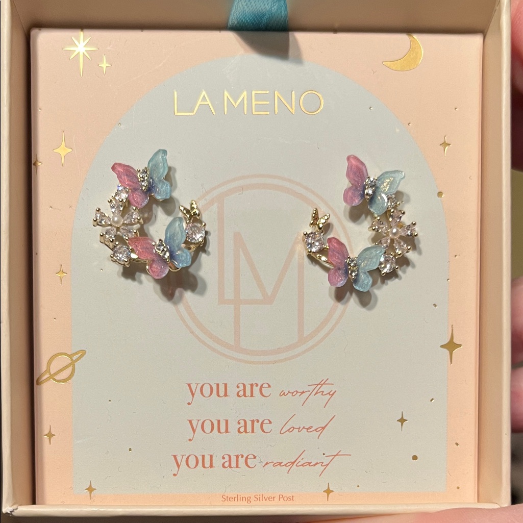 Nib La Meno Butterfly Earrings With Pink And Blue Accents Sterling Post